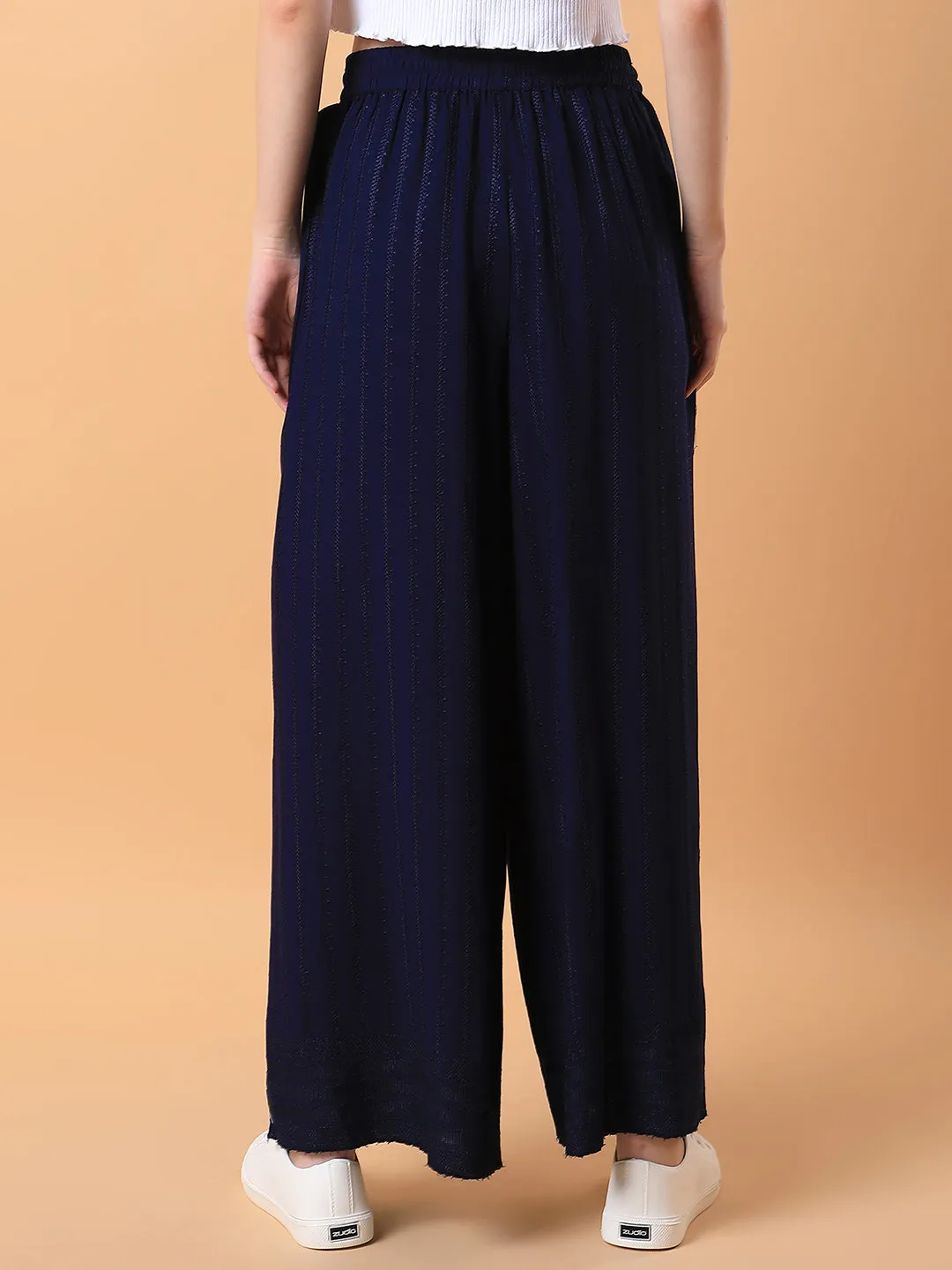 Women Navy Blue Solid Pleated Loose Fit Trouser