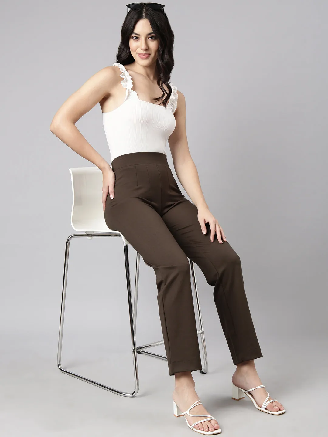 Women Self Design Olive Regular Trousers