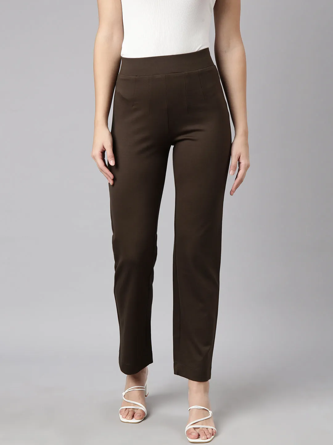 Women Self Design Olive Regular Trousers