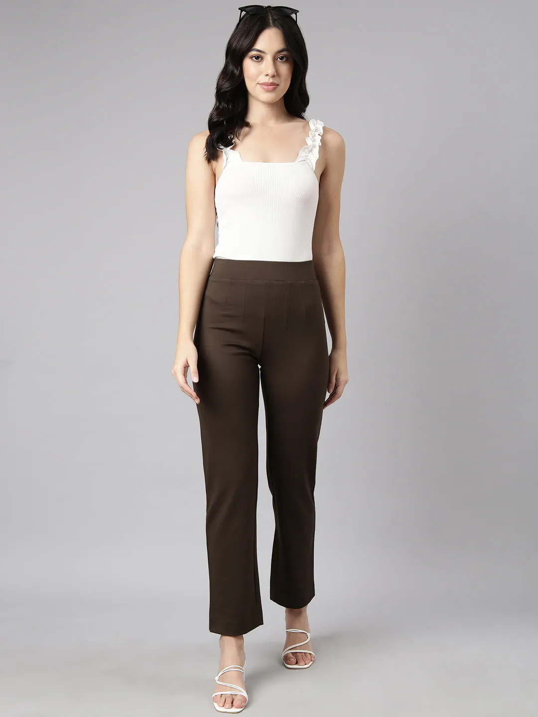 Women Self Design Olive Regular Trousers