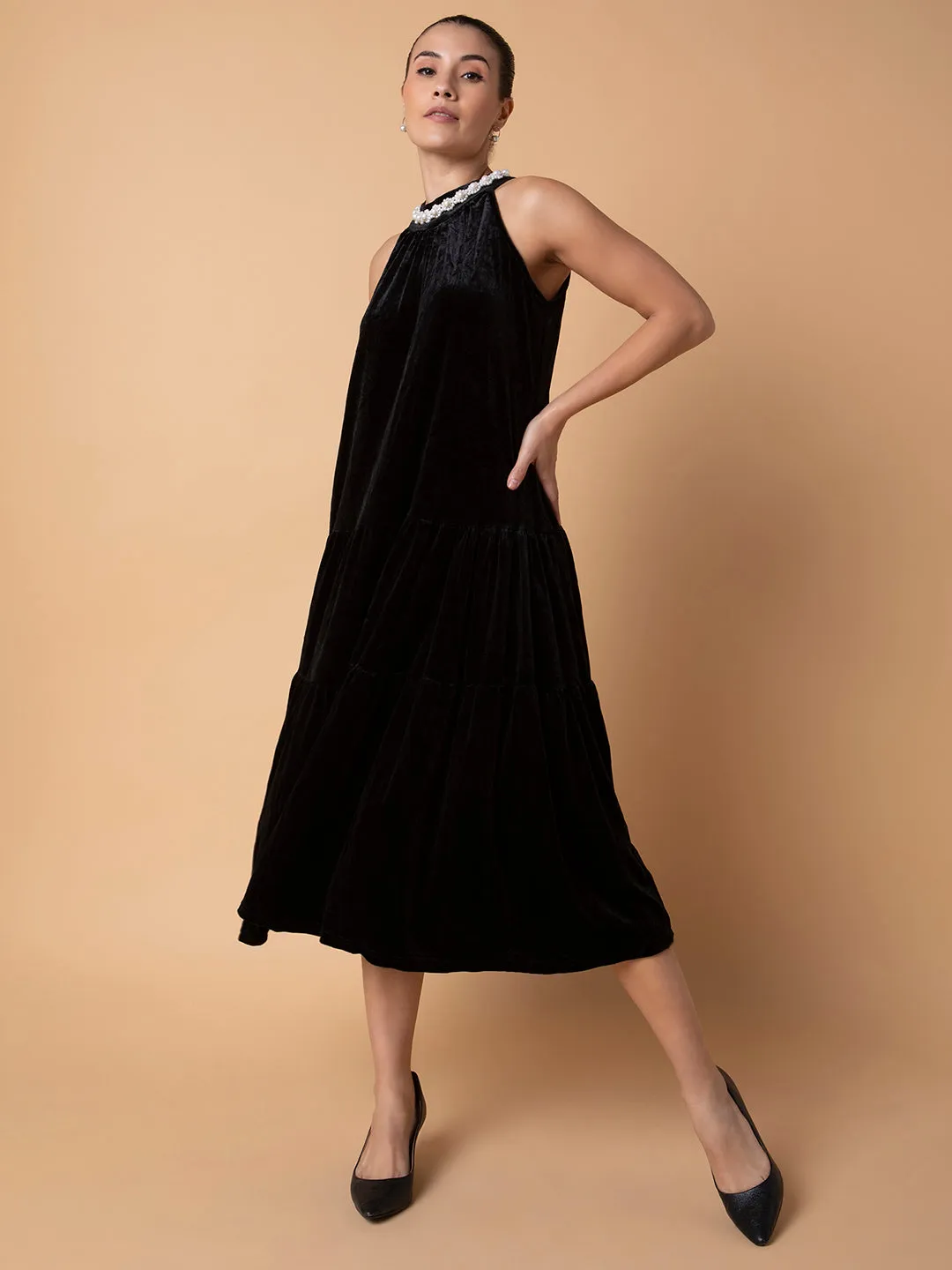 Women Solid Black Maxi A-Line Dress