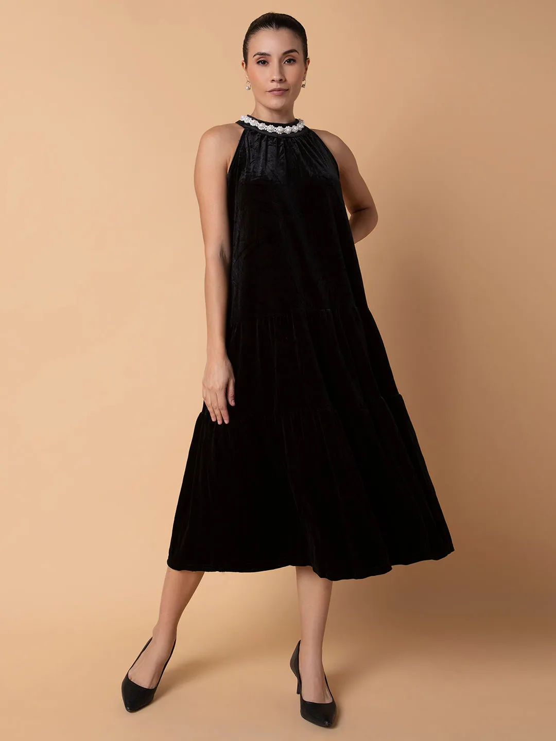 Women Solid Black Maxi A-Line Dress