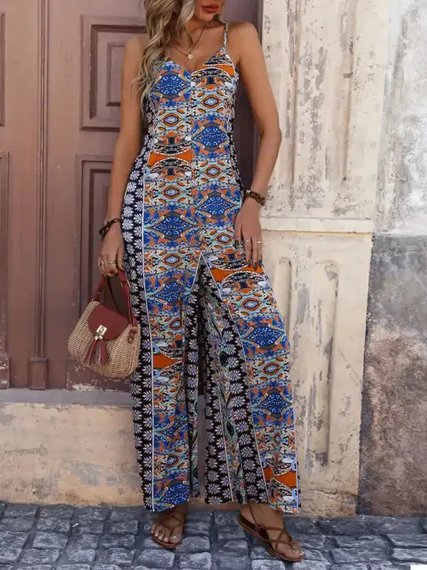 Women’s backless printed suspenders wide-leg ethnic style jumpsuit