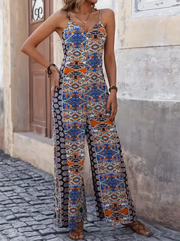 Women’s backless printed suspenders wide-leg ethnic style jumpsuit