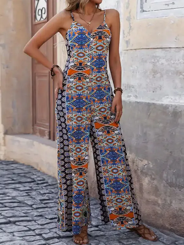 Women’s backless printed suspenders wide-leg ethnic style jumpsuit