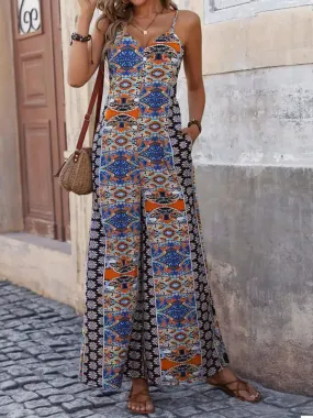 Women’s backless printed suspenders wide-leg ethnic style jumpsuit