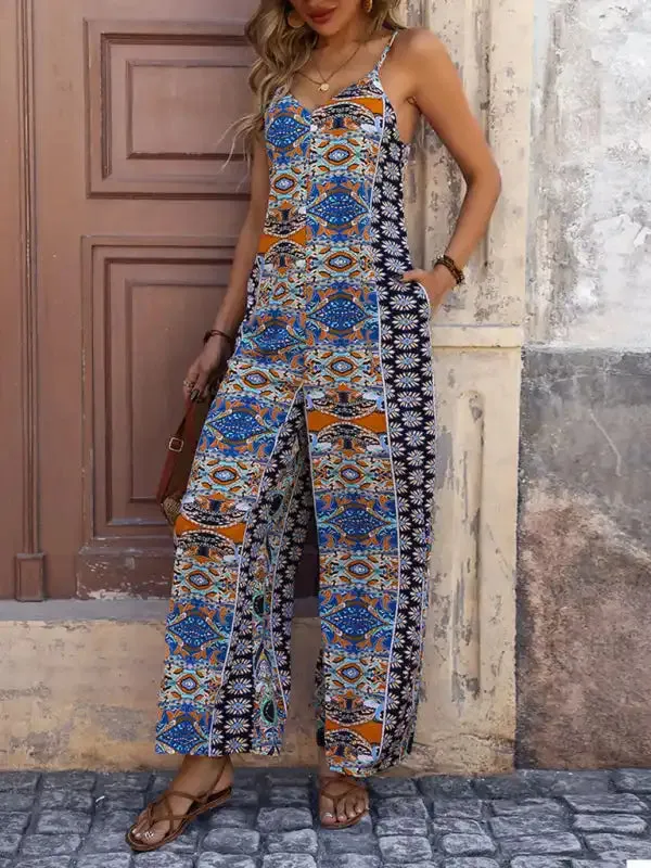 Women’s backless printed suspenders wide-leg ethnic style jumpsuit