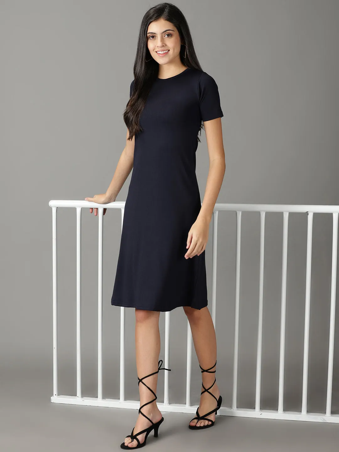 Women's Navy Blue Solid A-Line Dress