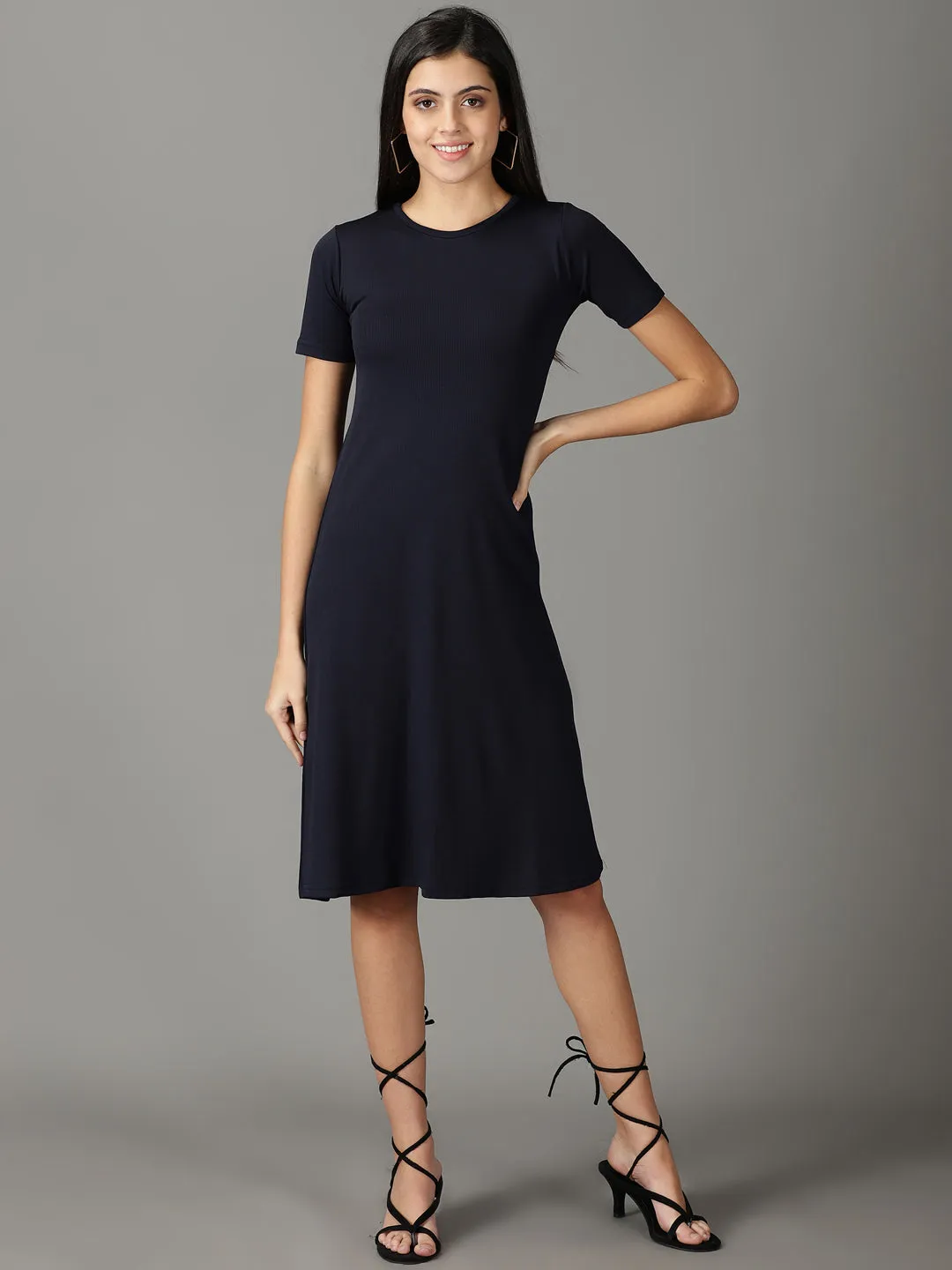 Women's Navy Blue Solid A-Line Dress