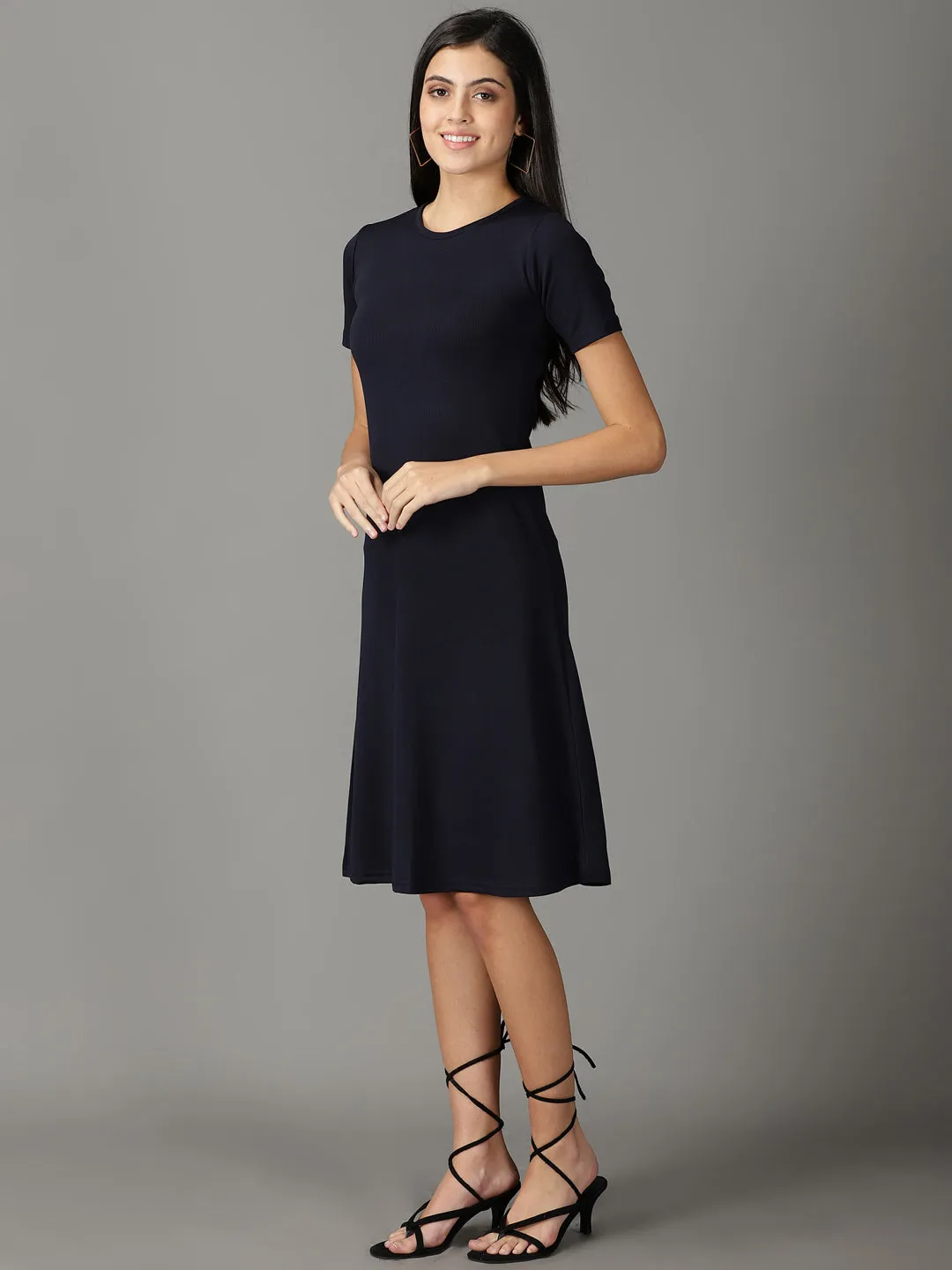 Women's Navy Blue Solid A-Line Dress