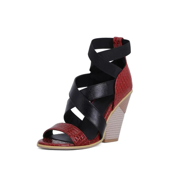 Women's Roman Gladiator Snake-printed Crossed Straps Cone Heel Sandals