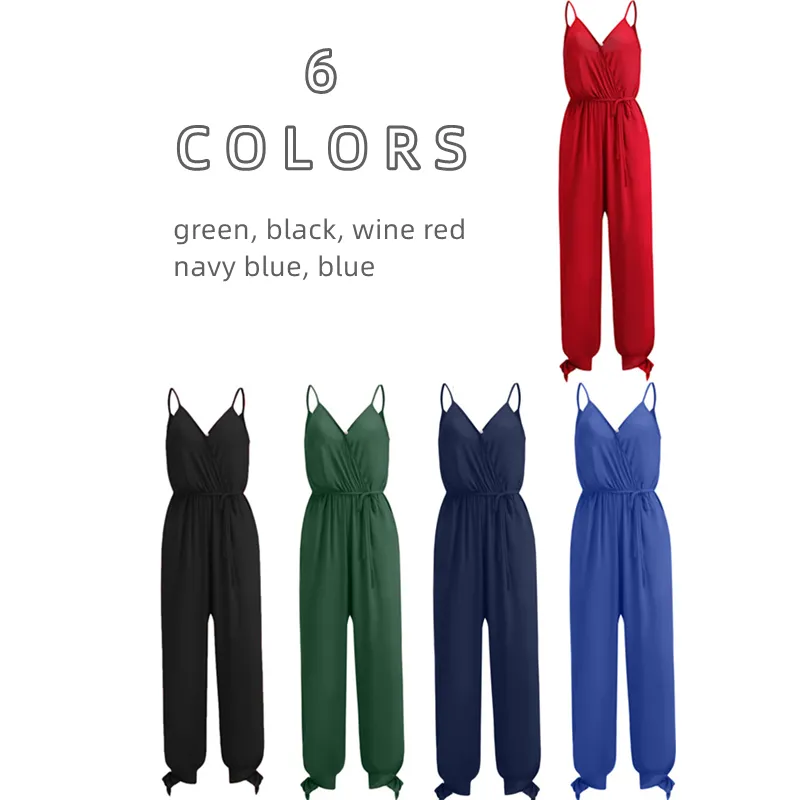 Women's Sexy V-Neck Solid Color Strappy Jumpsuit with Pockets