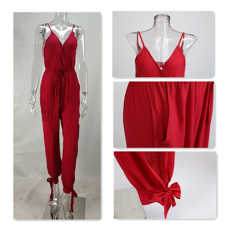 Women's Sexy V-Neck Solid Color Strappy Jumpsuit with Pockets