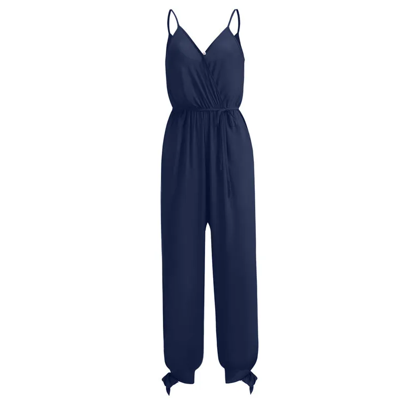 Women's Sexy V-Neck Solid Color Strappy Jumpsuit with Pockets