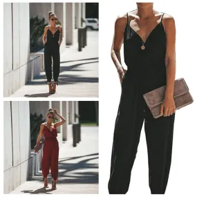 Women's Sexy V-Neck Solid Color Strappy Jumpsuit with Pockets