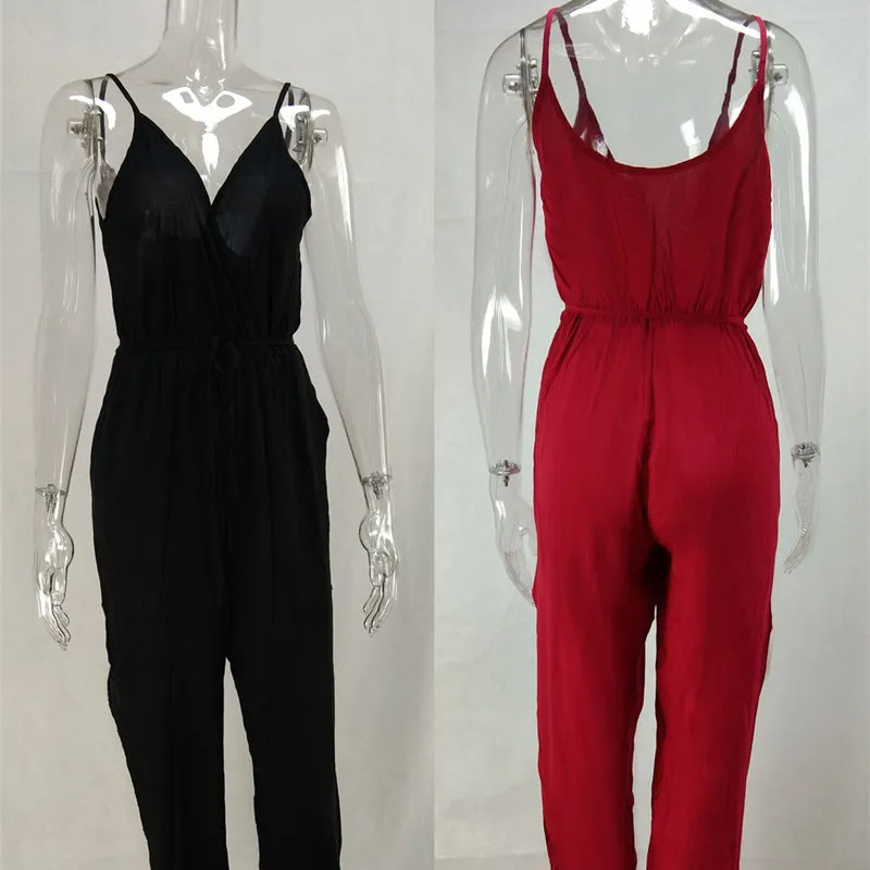 Women's Sexy V-Neck Solid Color Strappy Jumpsuit with Pockets