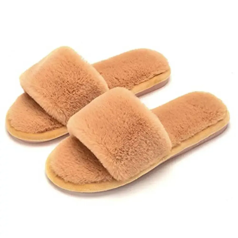 Women's Stylish Comfy Solid Light Brown Fur Open-Toe Slides