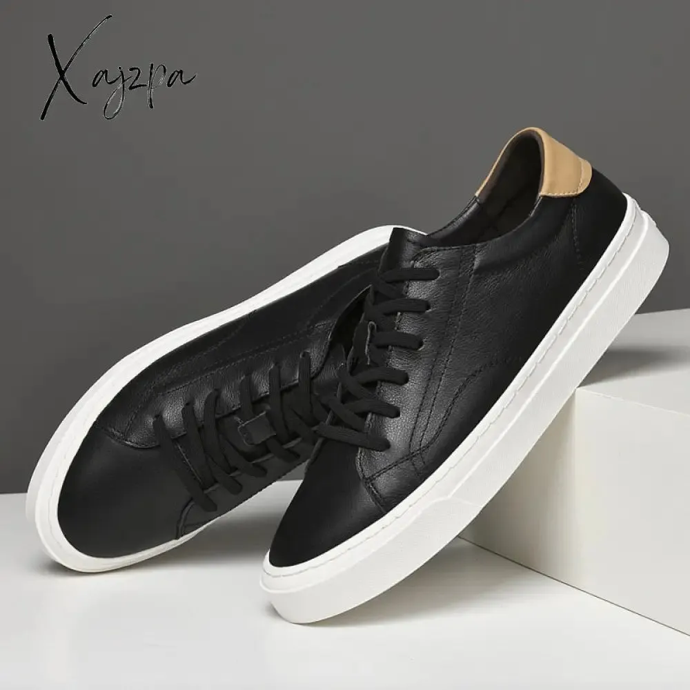 Xajzpa - Fashion Men Genuine Leather Casual Shoes Lightweight Flats Shoes Luxury Brand Men's White Walking Sneakers New