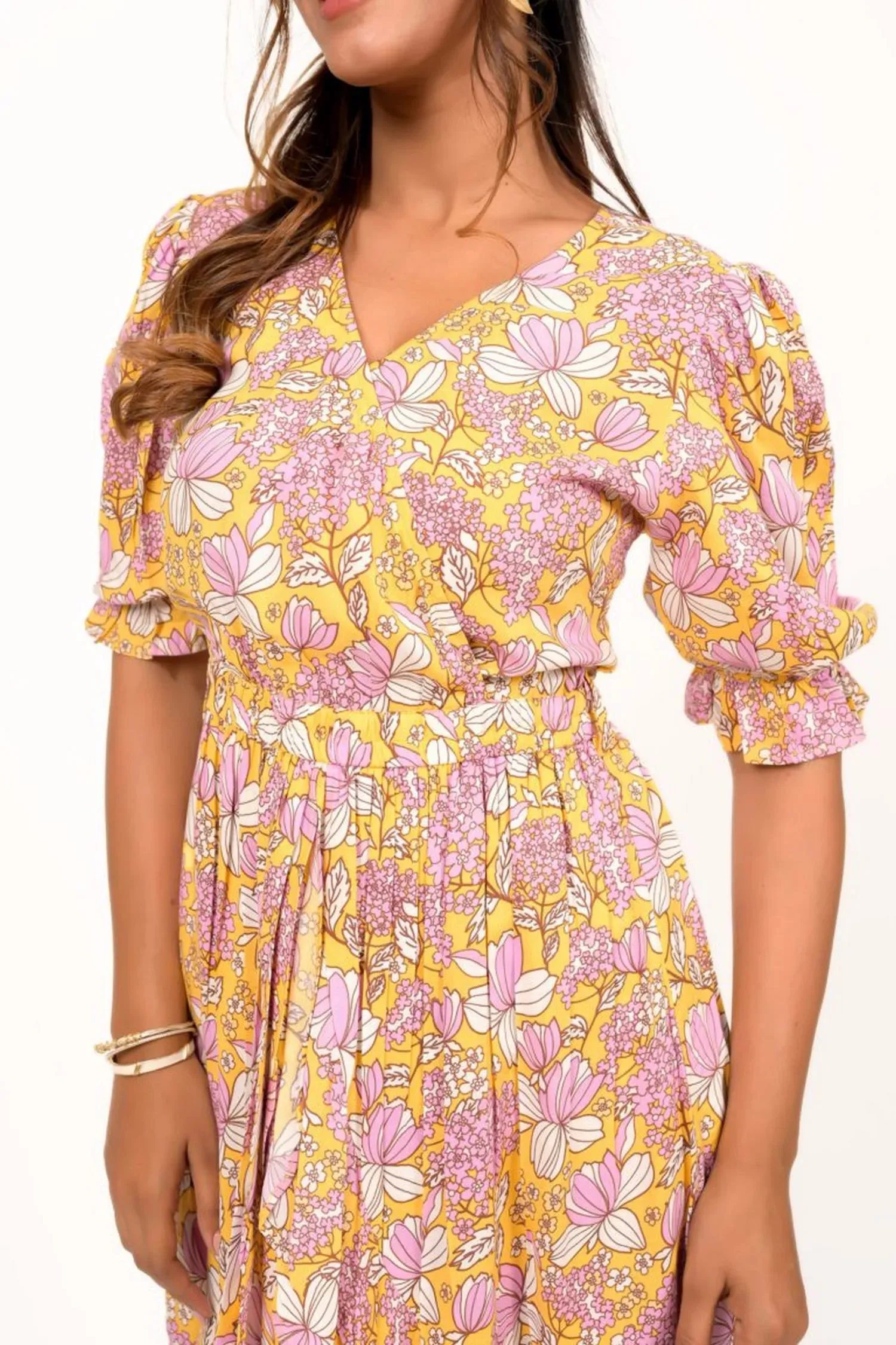 Yellow And Pink Floral Printed Short Dress