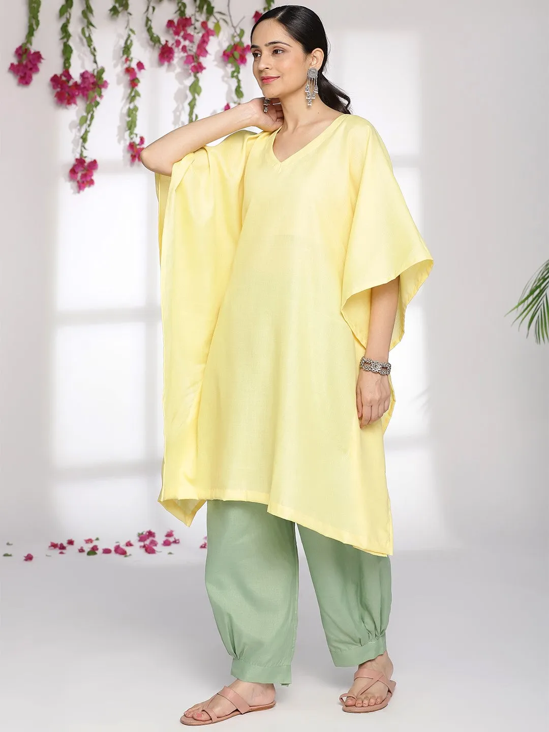 Yellow CottonSlub Kaftan & SageGreen AfghaniSalwar